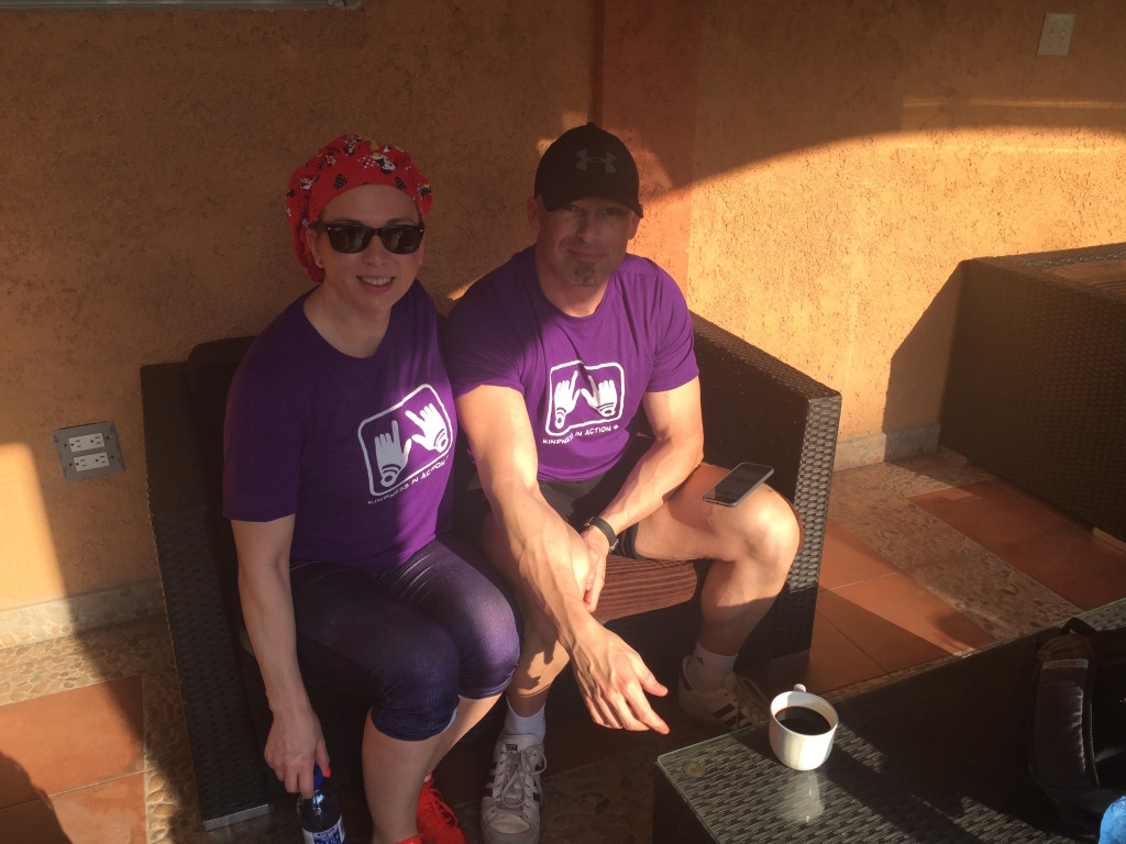 Me, Doctor Wife, Awesome Coffee, 105 degrees at 8am.